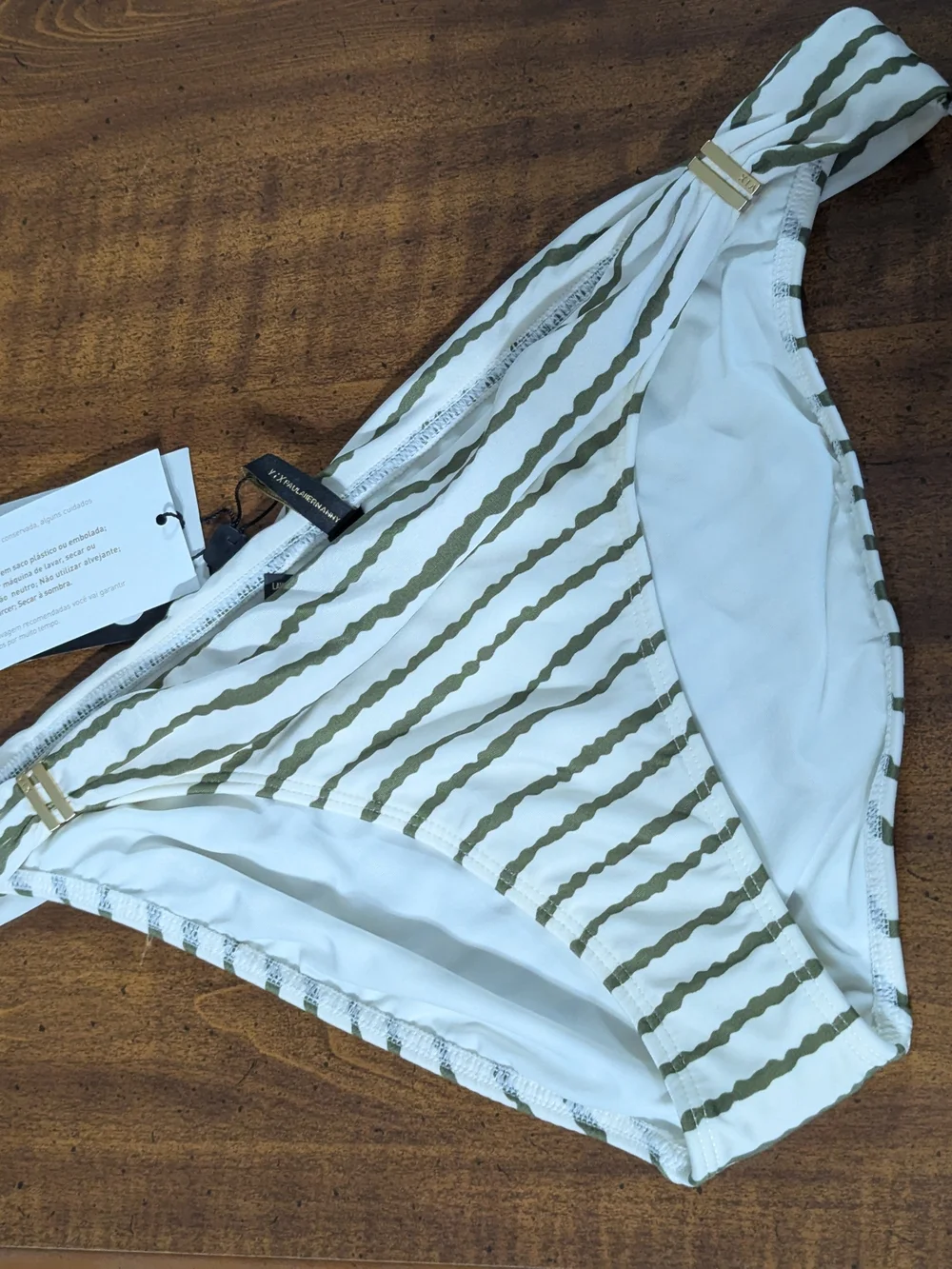 Striped Olive & White Bikini Bottom with Gold Accent